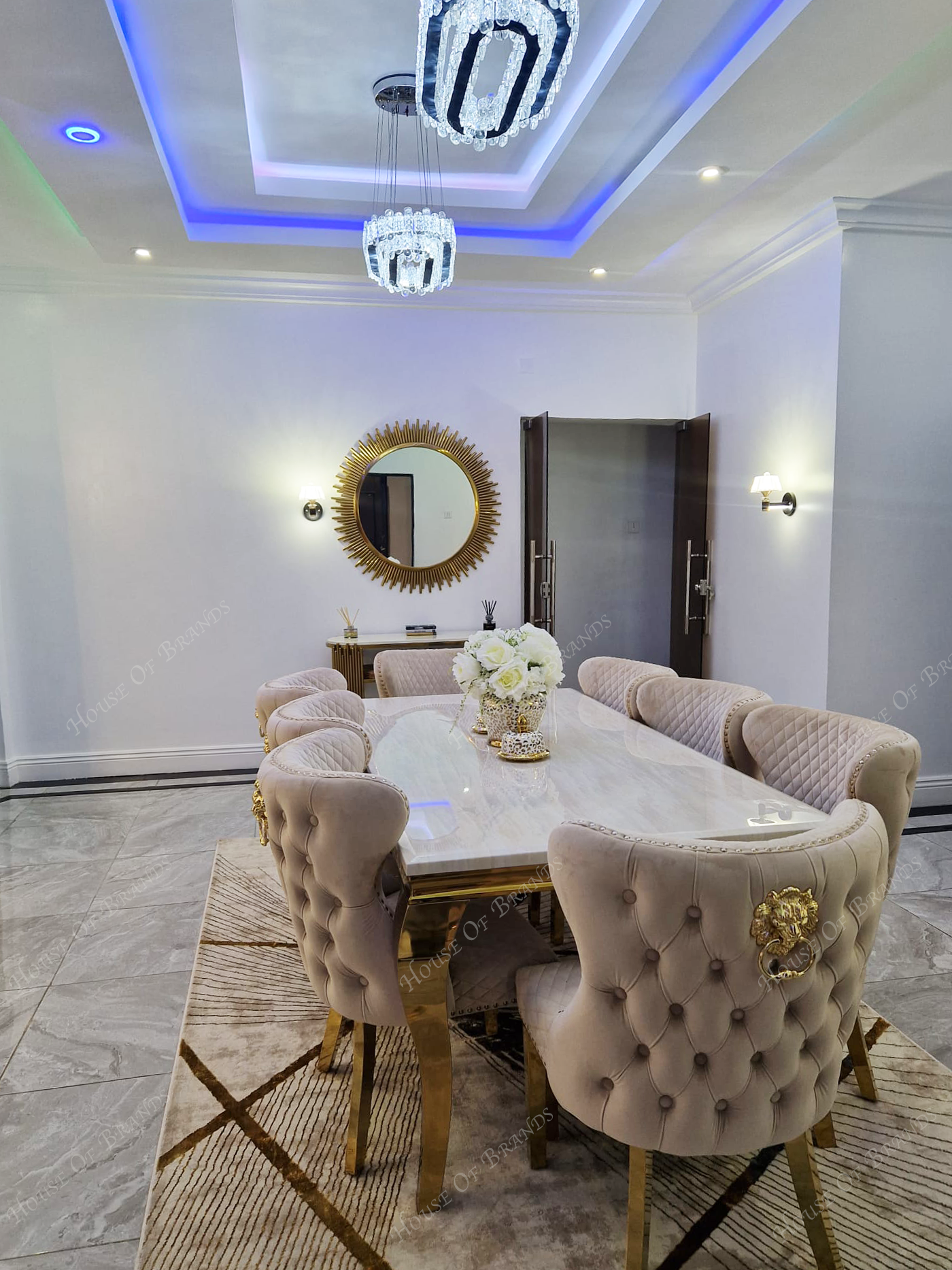 200cm Cream and Gold Louis Marble Dining Table with 8 Cream and Gold Valentino Velvet Chairs