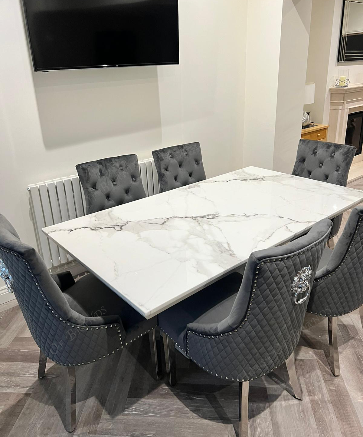 Naples White Marble Dining Table with Majestic Velvet Knockerback Dining Chairs