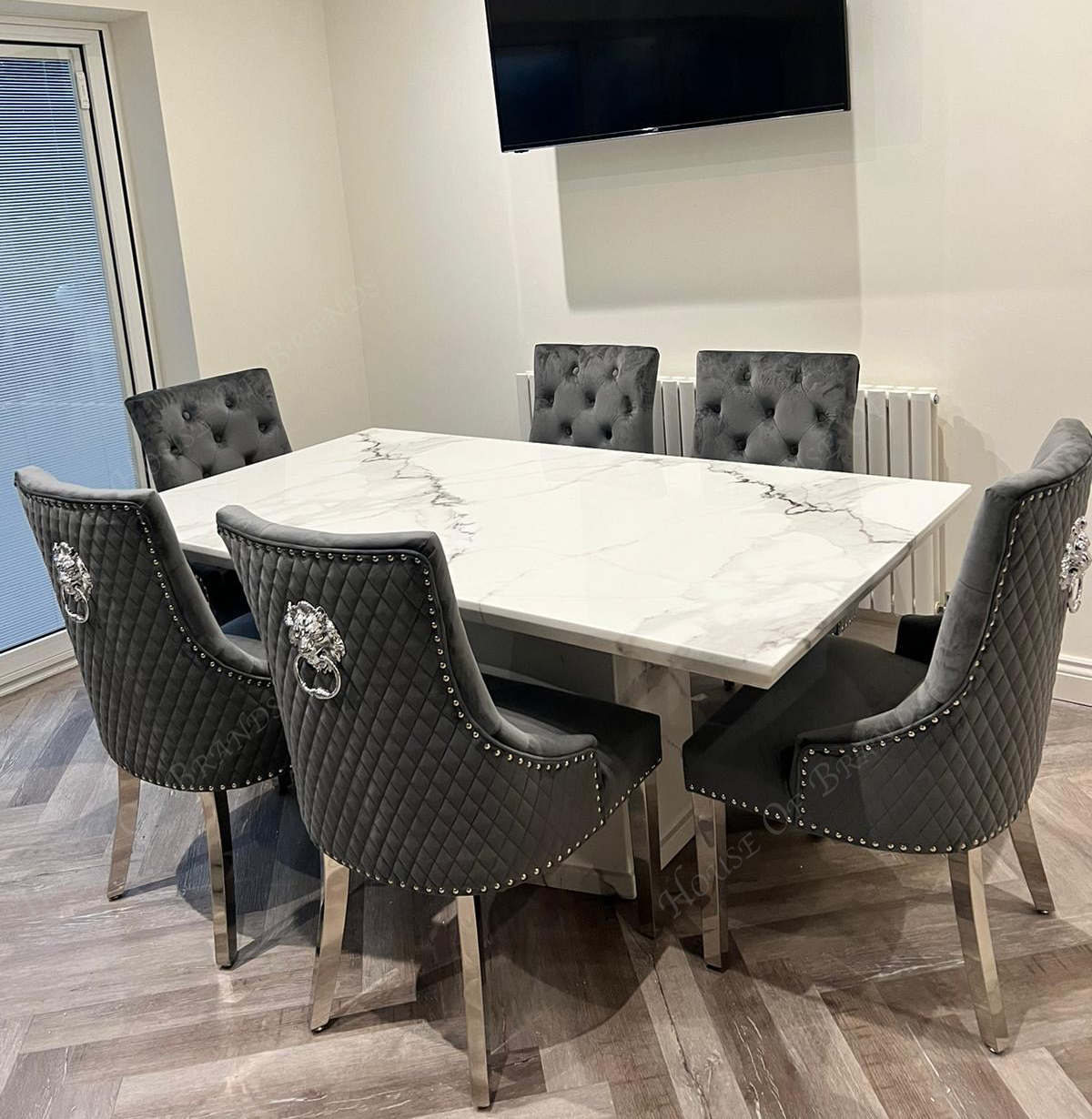 Naples White Marble Dining Table with Majestic Velvet Knockerback Dining Chairs