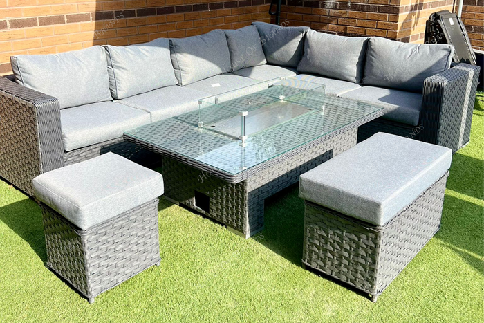 All Weather Chakra Rattan Garden Corner Rising Dining Set in Grey With ...