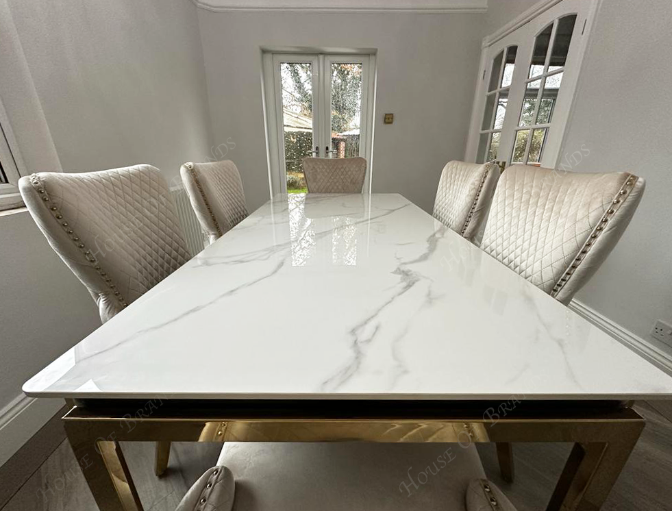 180cm Sorrento Rectangle Gold Ceramic Dining Table & Cream and Gold Victoria Gold Velvet Knockerback Chairs