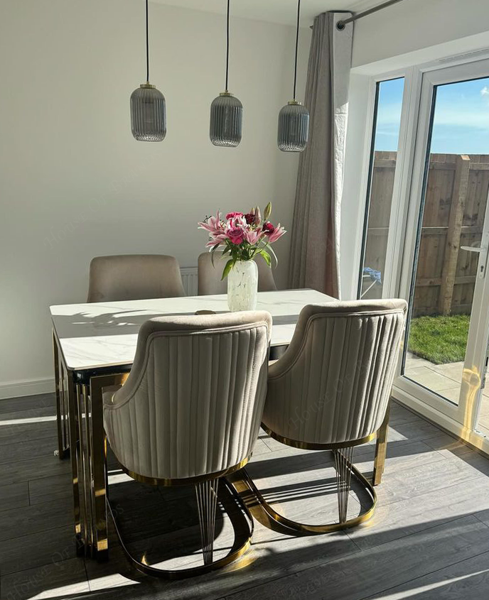 180cm Sorrento Rectangle Gold Ceramic Dining Table and Gold Chelmsford Dining Chairs