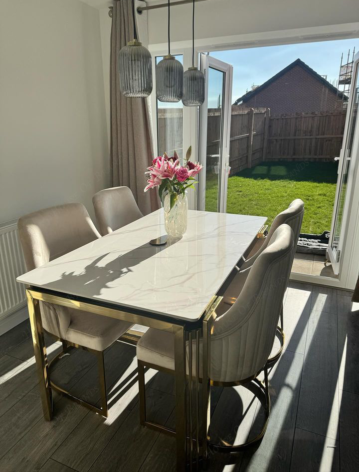 180cm Sorrento Rectangle Gold Ceramic Dining Table and Gold Chelmsford Dining Chairs