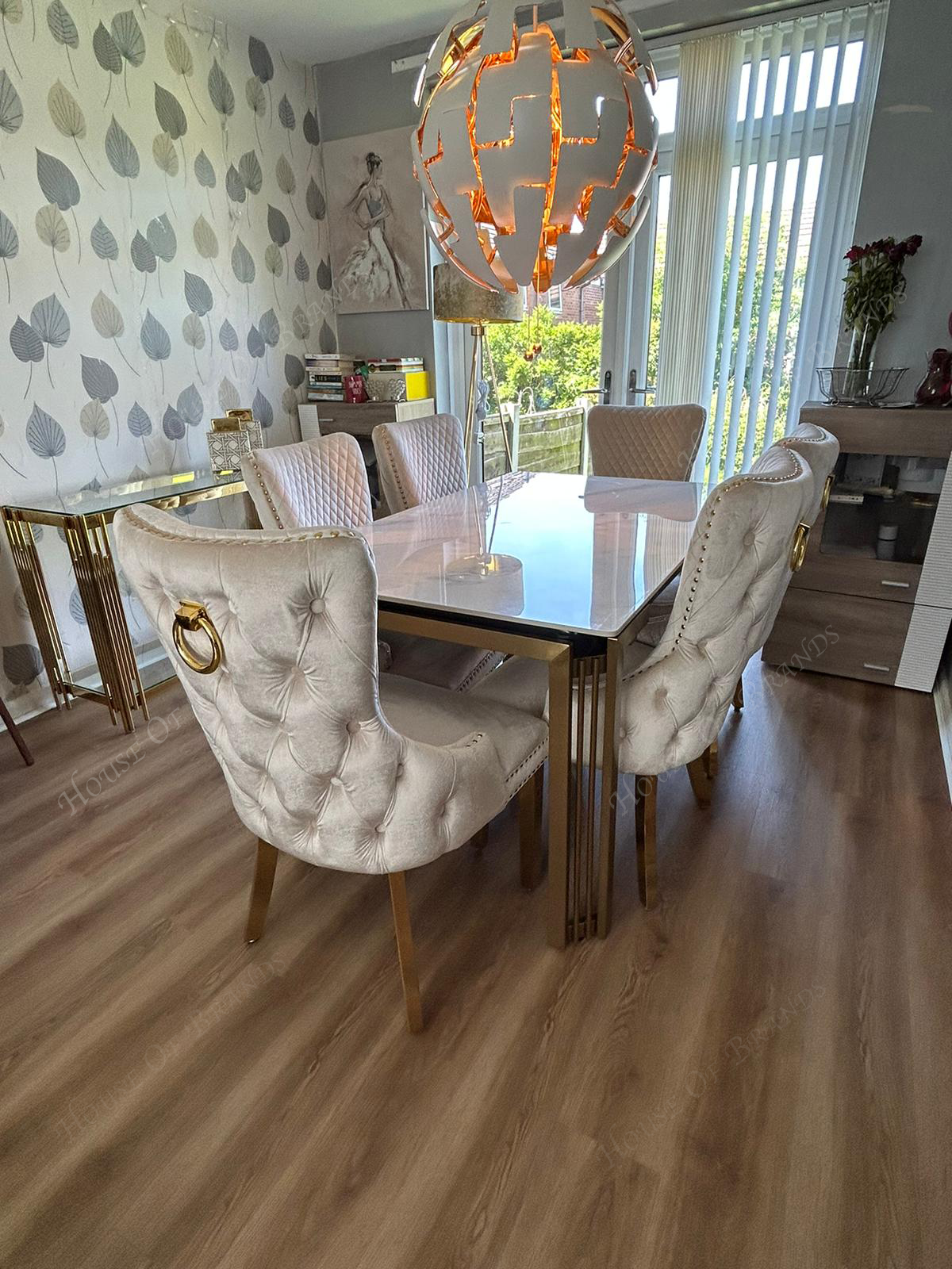 180cm Sorrento Rectangle Gold Ceramic Dining Table & Cream and Gold Victoria Gold Velvet Knockerback Chairs