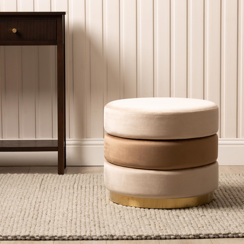 Cream & Dark Cream Round Ottoman Footstool With Gold Base