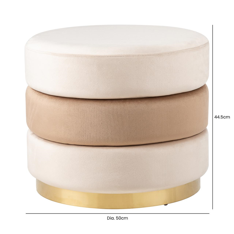 Cream & Dark Cream Round Ottoman Footstool With Gold Base