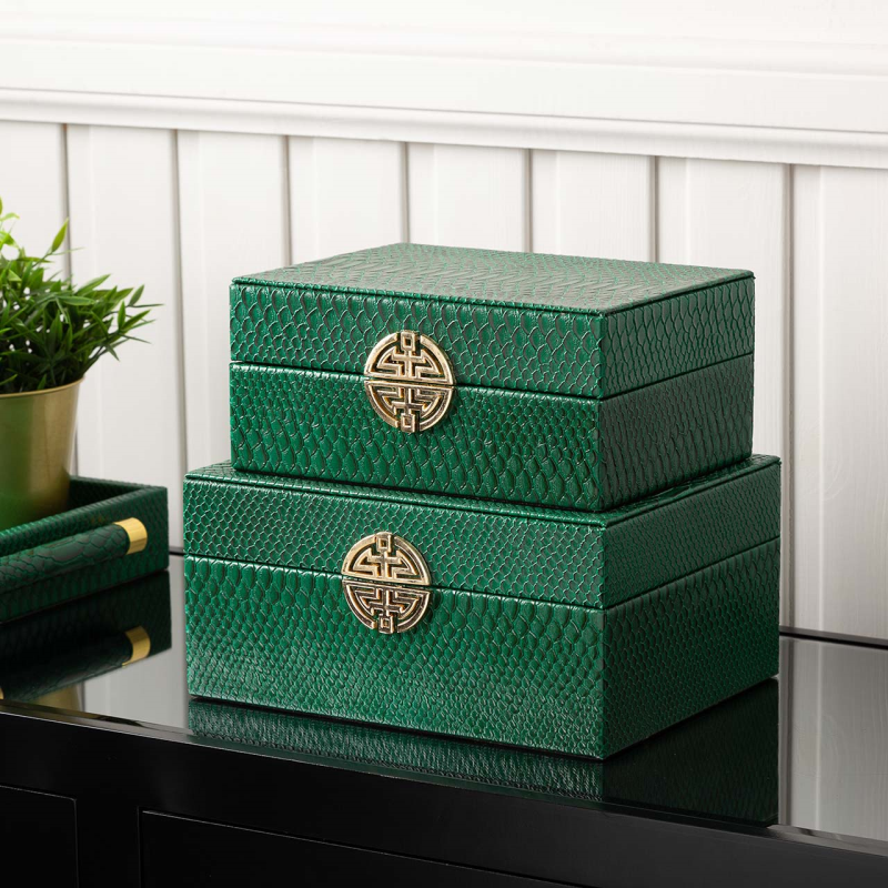 Green Faux Snake Leather Jewellery Boxes set of 2