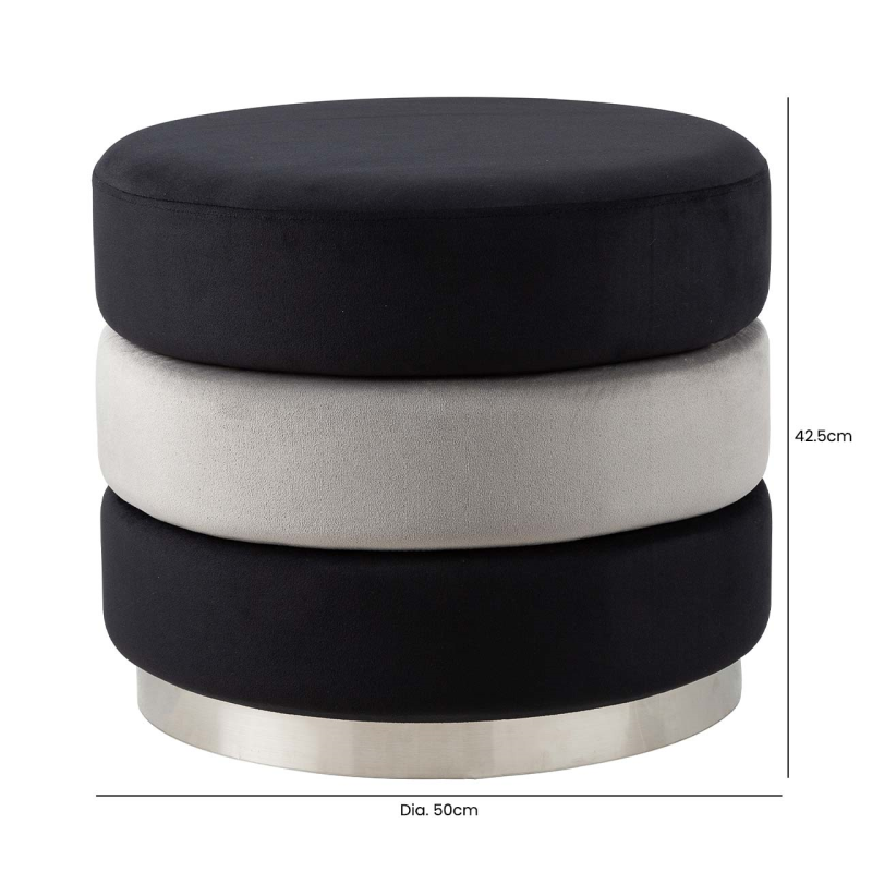 Black & Grey Round Ottoman Footstool With Chrome Base