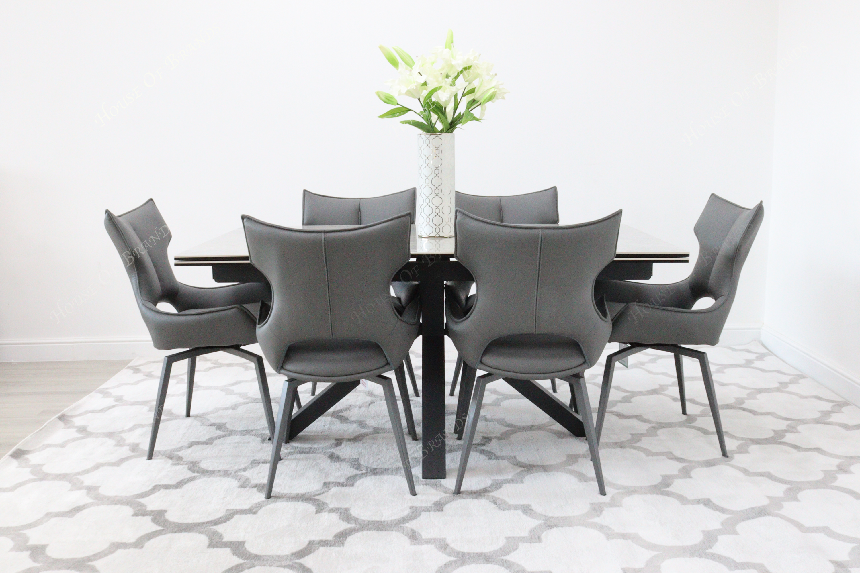 Phoenix Extendable Ceramic Dining Table and 6 Grey Rafaello Swivel Dining Chairs