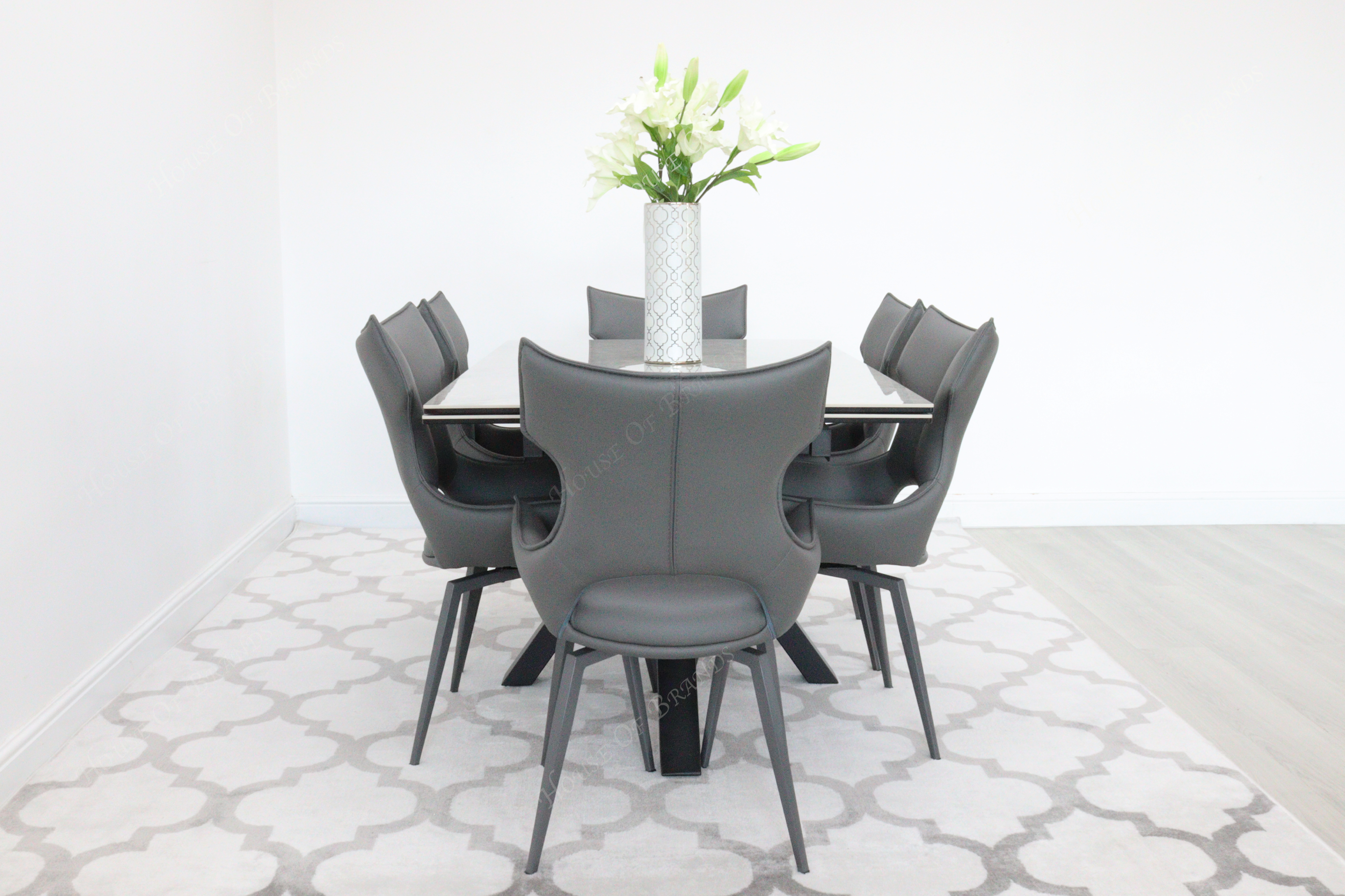 Phoenix Extendable Ceramic Dining Table and 6 Grey Rafaello Swivel Dining Chairs