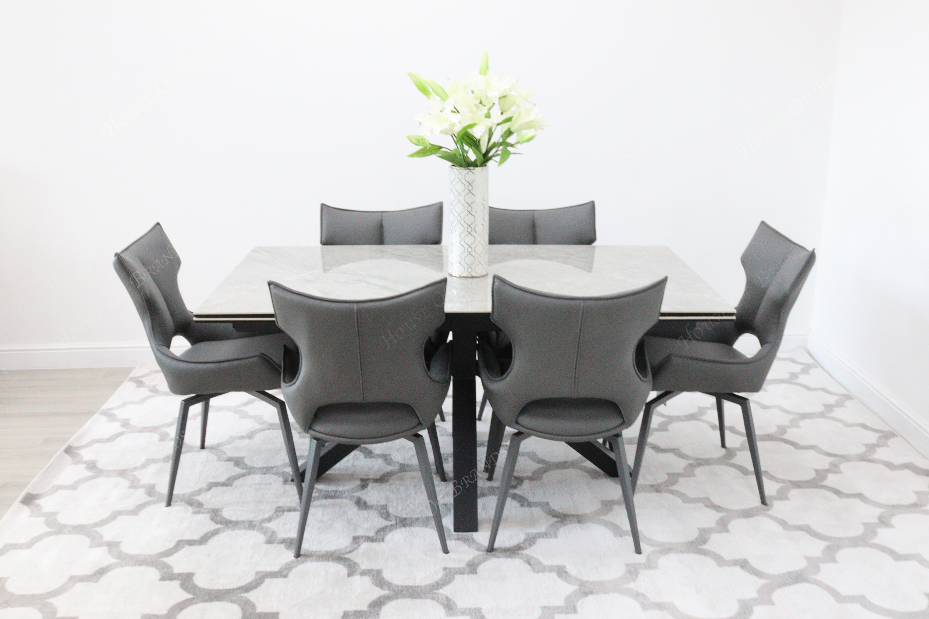 Phoenix Extendable Ceramic Dining Table and 6 Grey Rafaello Swivel Dining Chairs