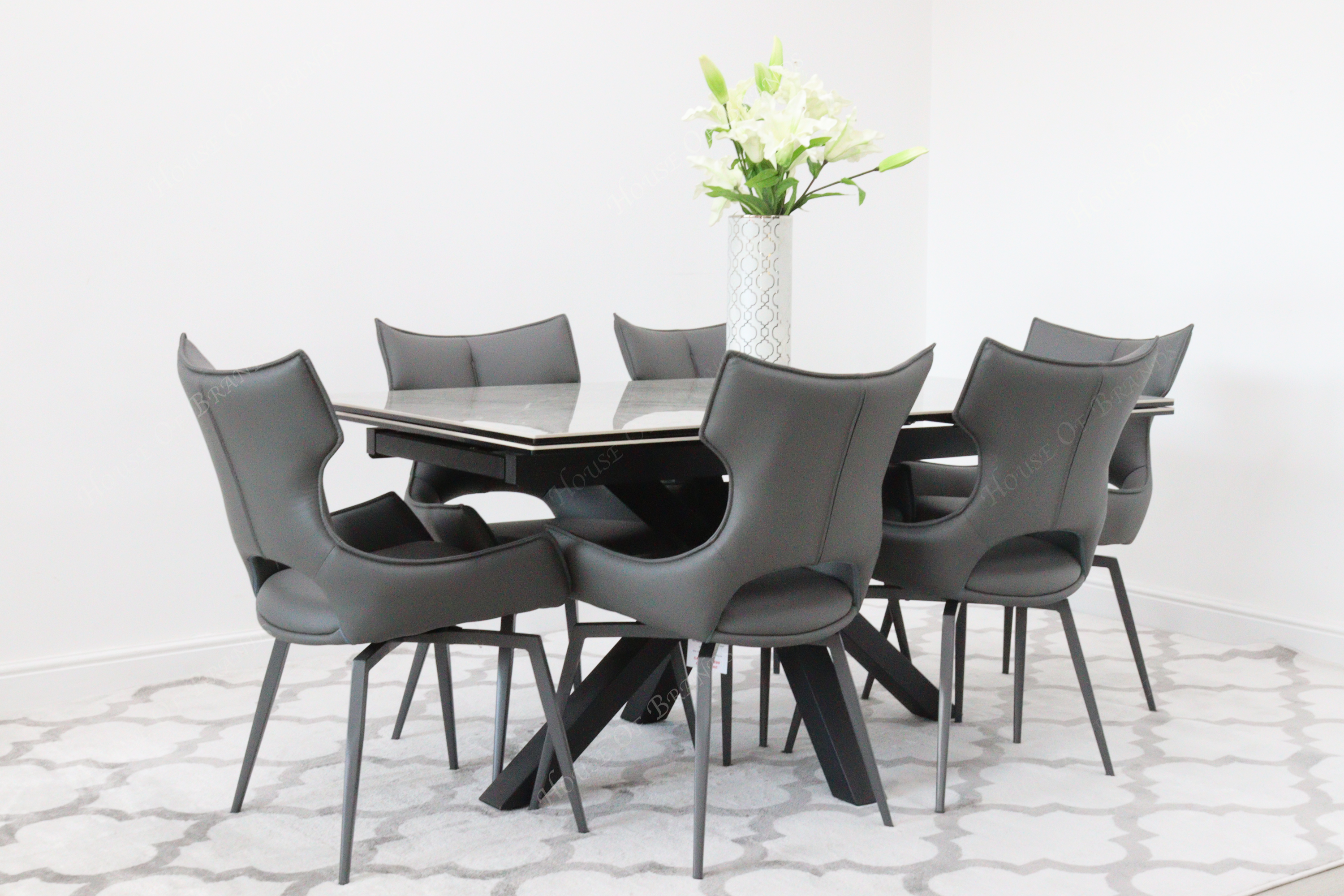 Phoenix Extendable Ceramic Dining Table and 6 Grey Rafaello Swivel Dining Chairs