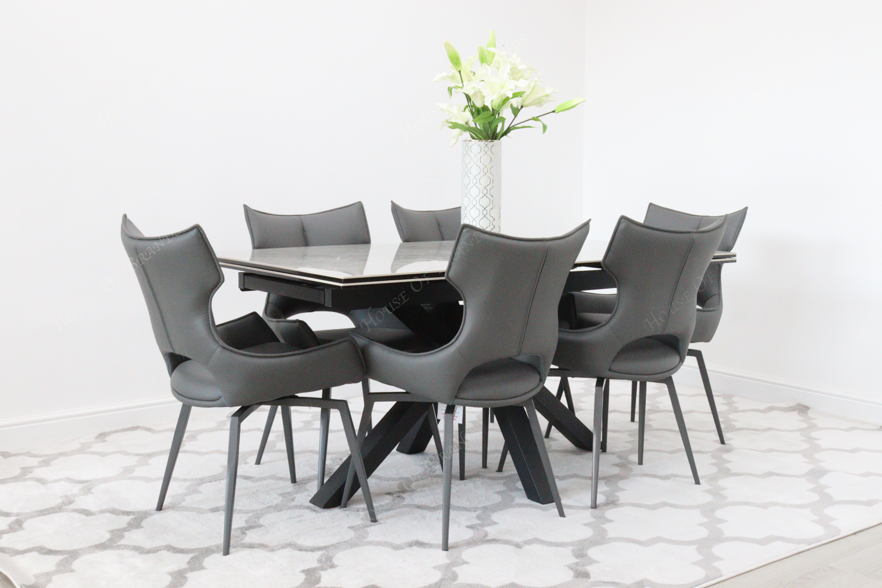 Phoenix Extendable Ceramic Dining Table and 6 Grey Rafaello Swivel Dining Chairs