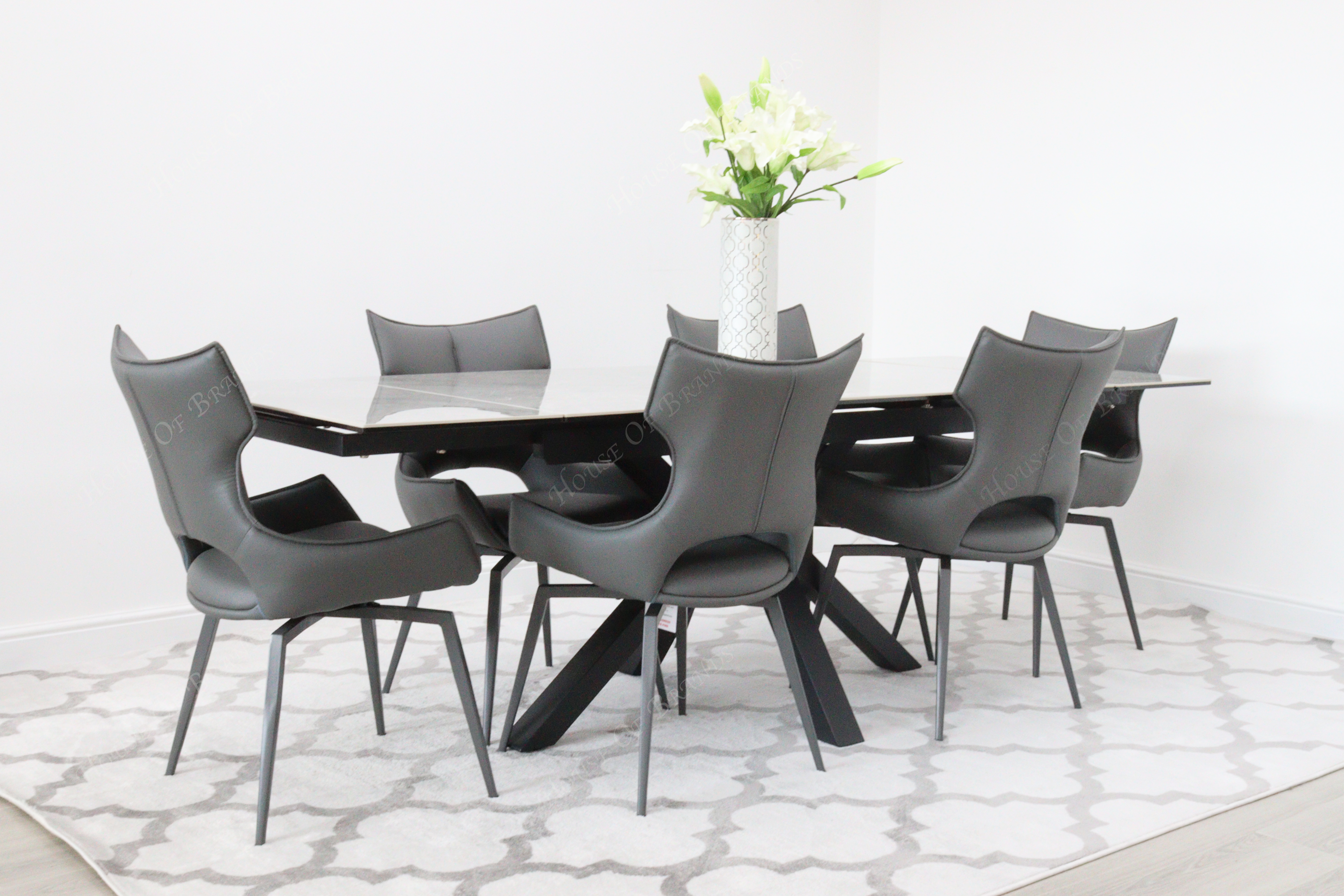 Phoenix Extendable Ceramic Dining Table and 6 Grey Rafaello Swivel Dining Chairs