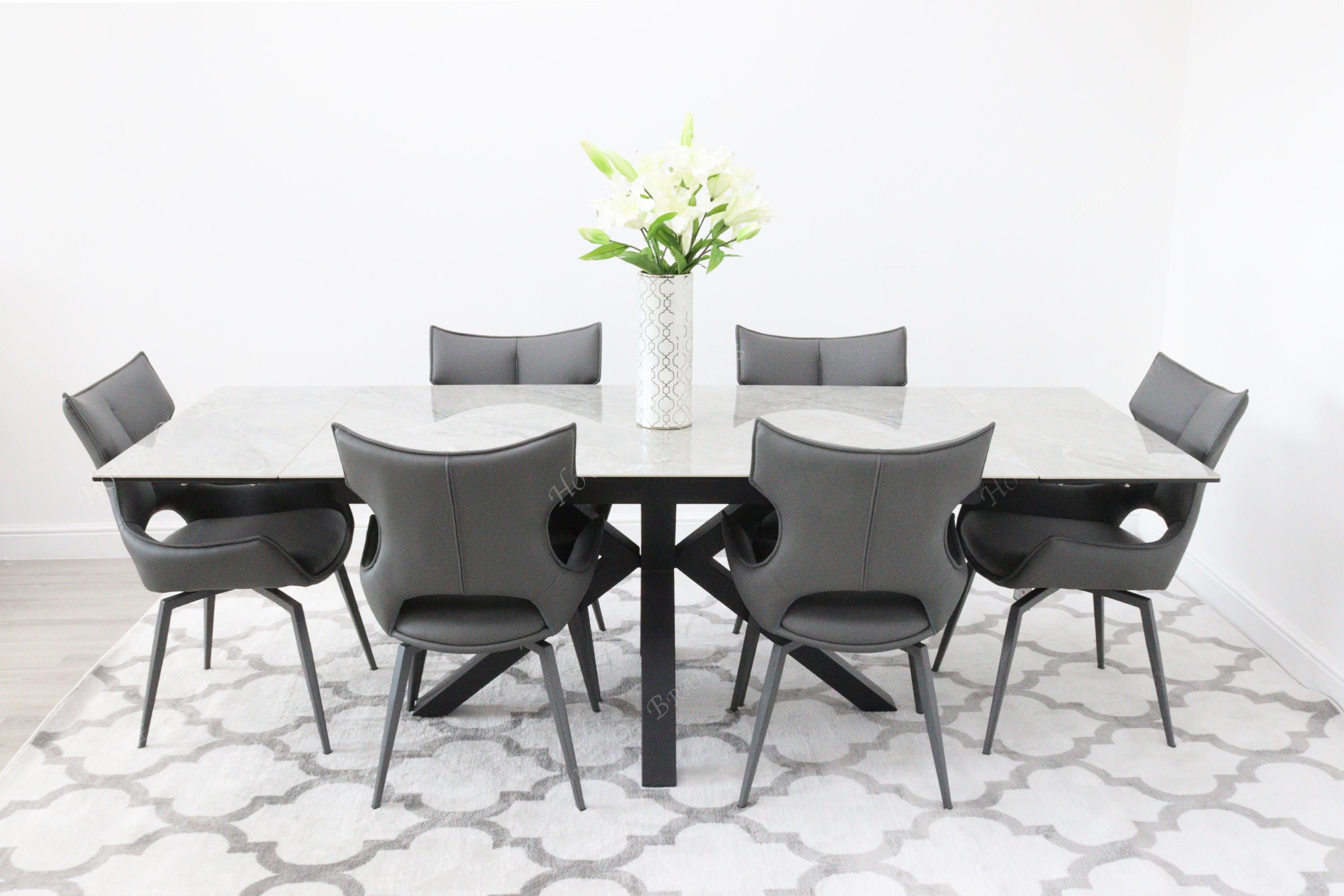 Phoenix Extendable Ceramic Dining Table and 6 Grey Rafaello Swivel Dining Chairs