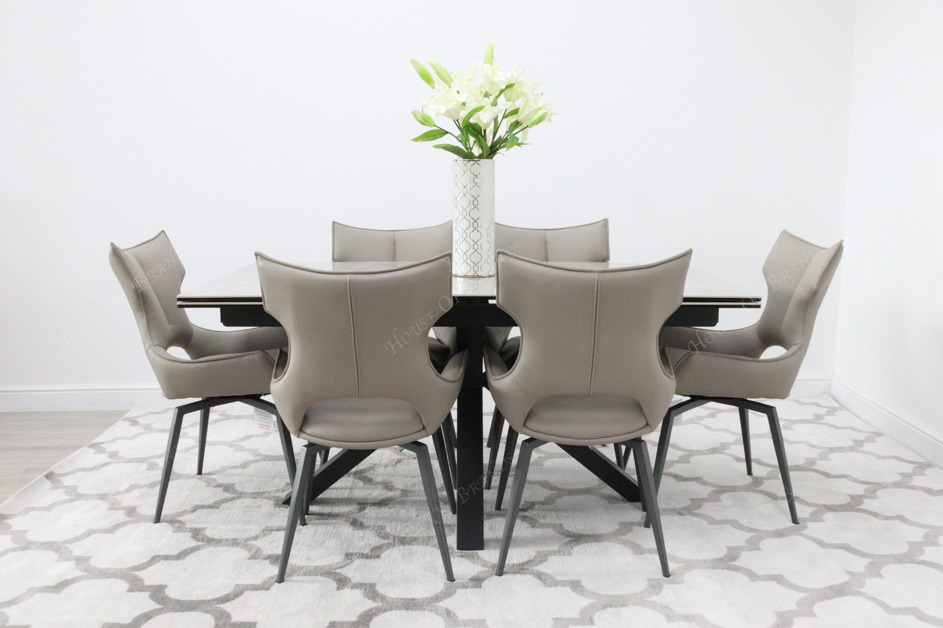 Phoenix Extendable Ceramic Dining Table & 6 Taupe Rafaello Swivel Dining Chairs