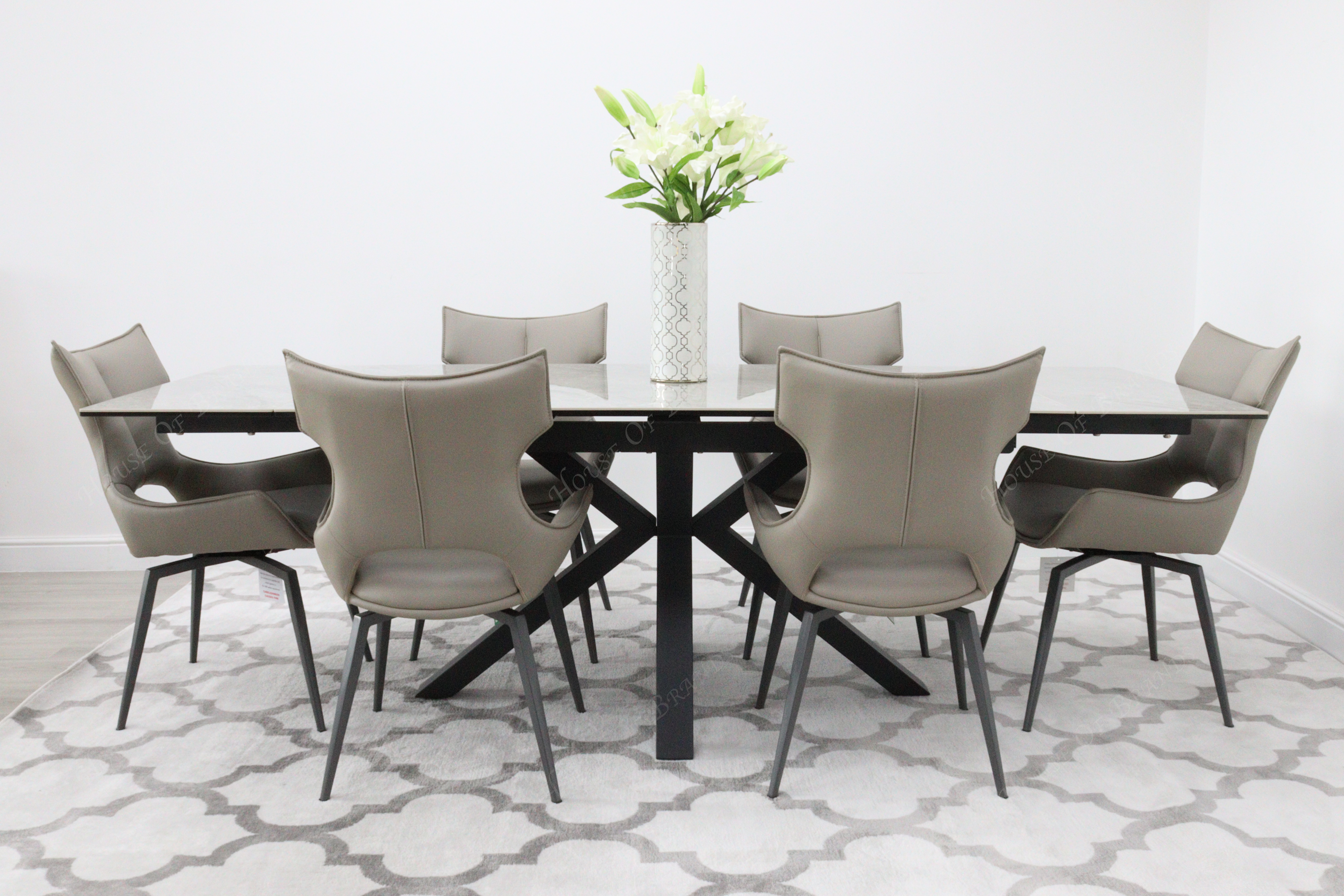 Phoenix Extendable Ceramic Dining Table & 6 Taupe Rafaello Swivel Dining Chairs