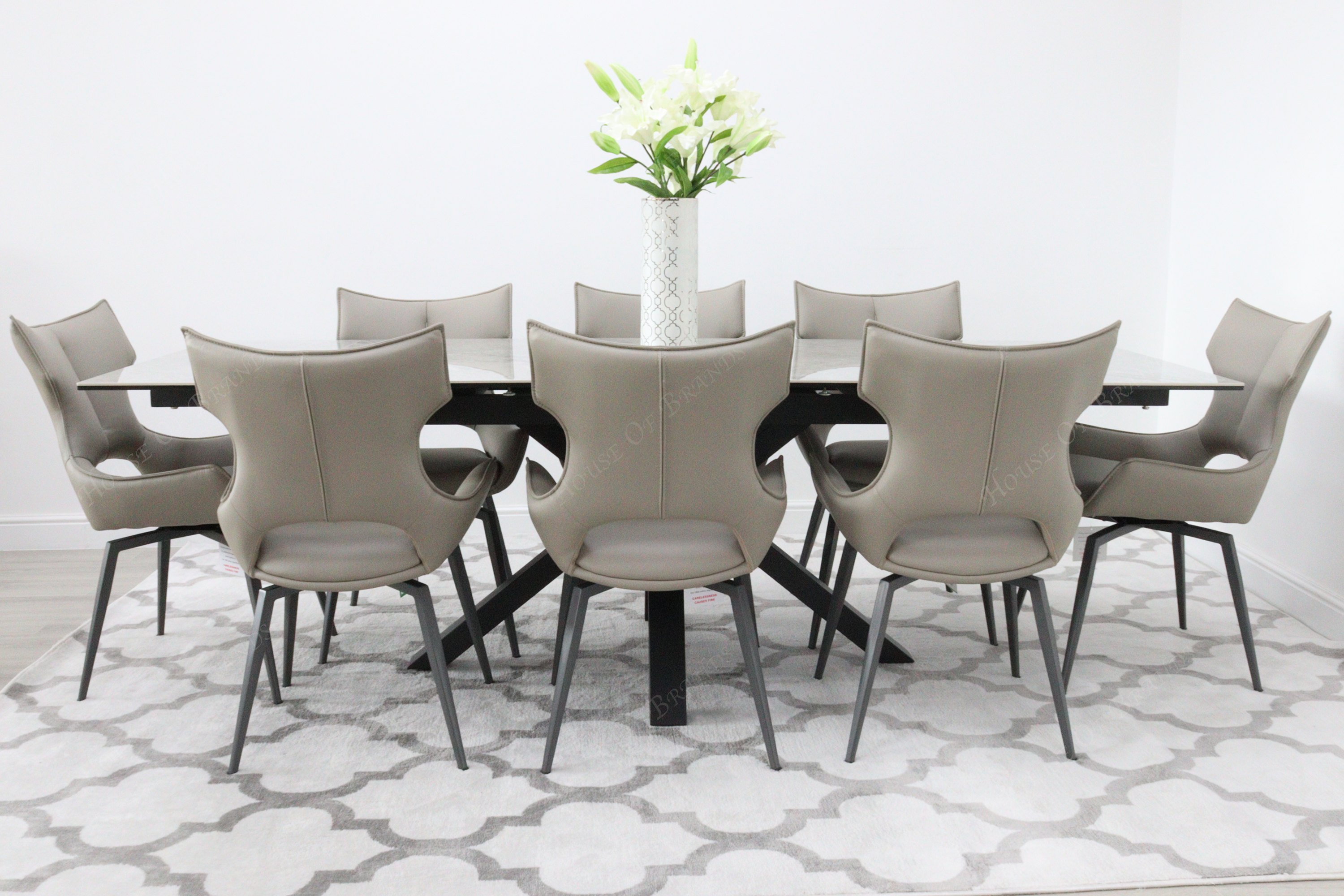 Phoenix Extendable Ceramic Dining Table and 8 Taupe Rafaello Swivel Dining Chairs