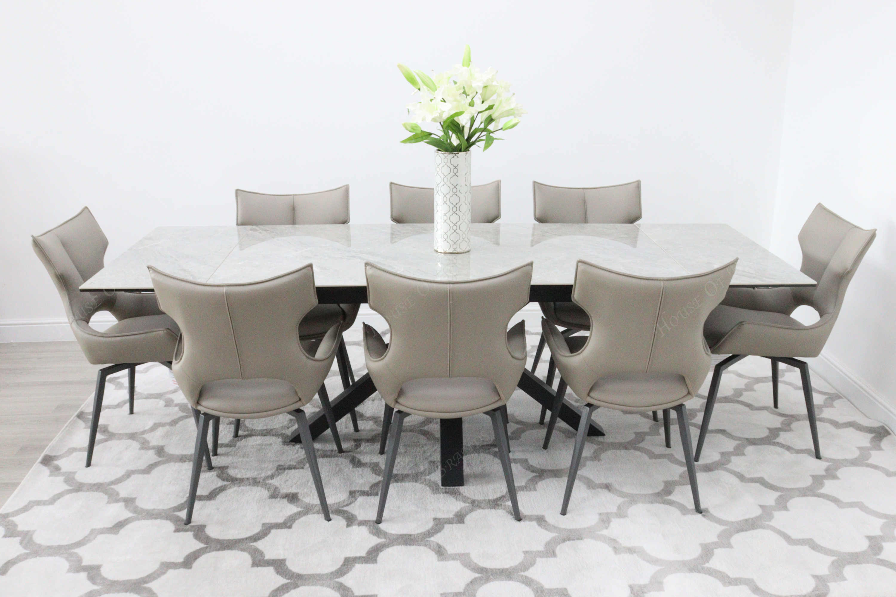 Phoenix Extendable Ceramic Dining Table and 8 Taupe Rafaello Swivel Dining Chairs