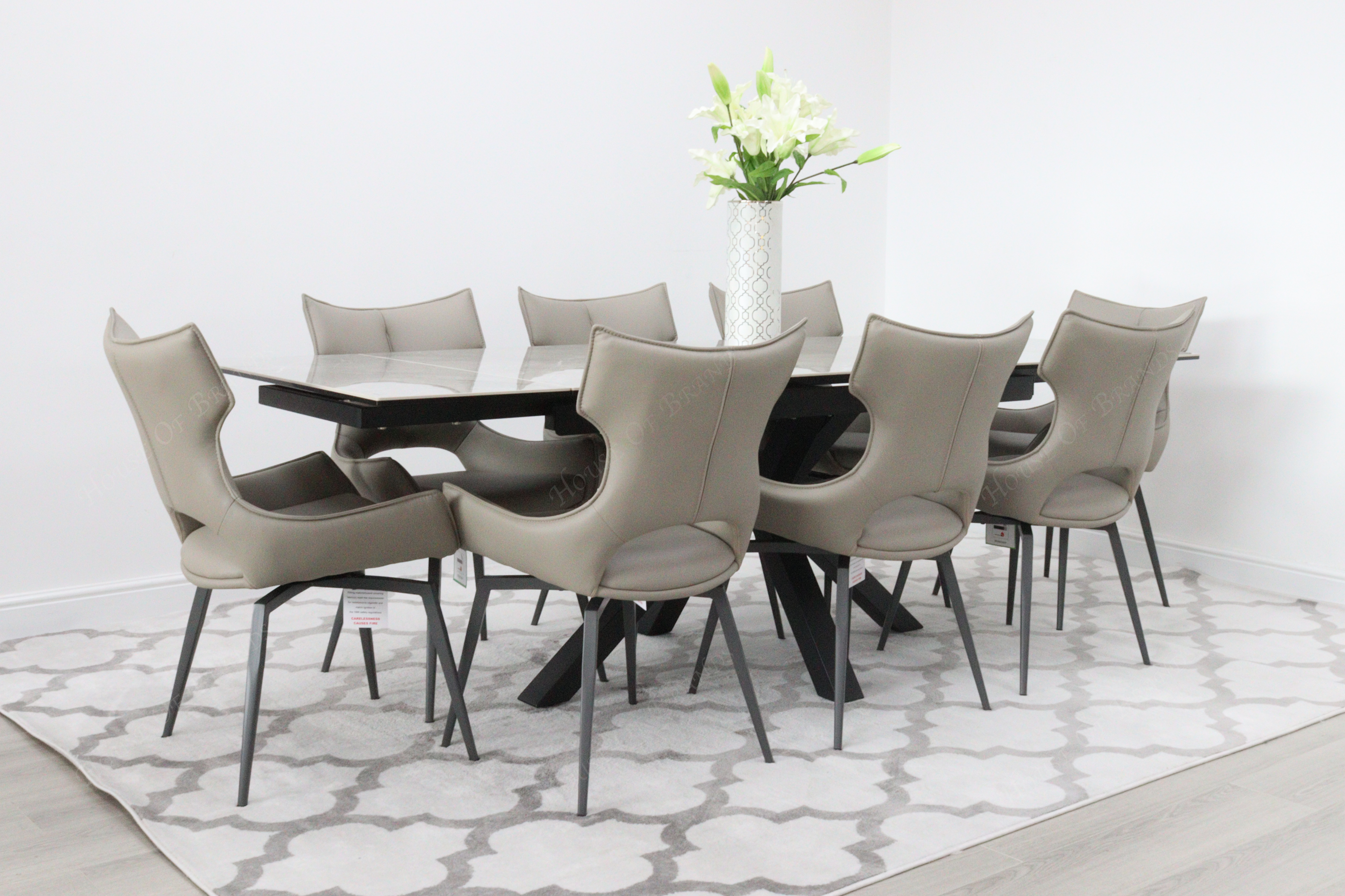 Phoenix Extendable Ceramic Dining Table and 8 Taupe Rafaello Swivel Dining Chairs