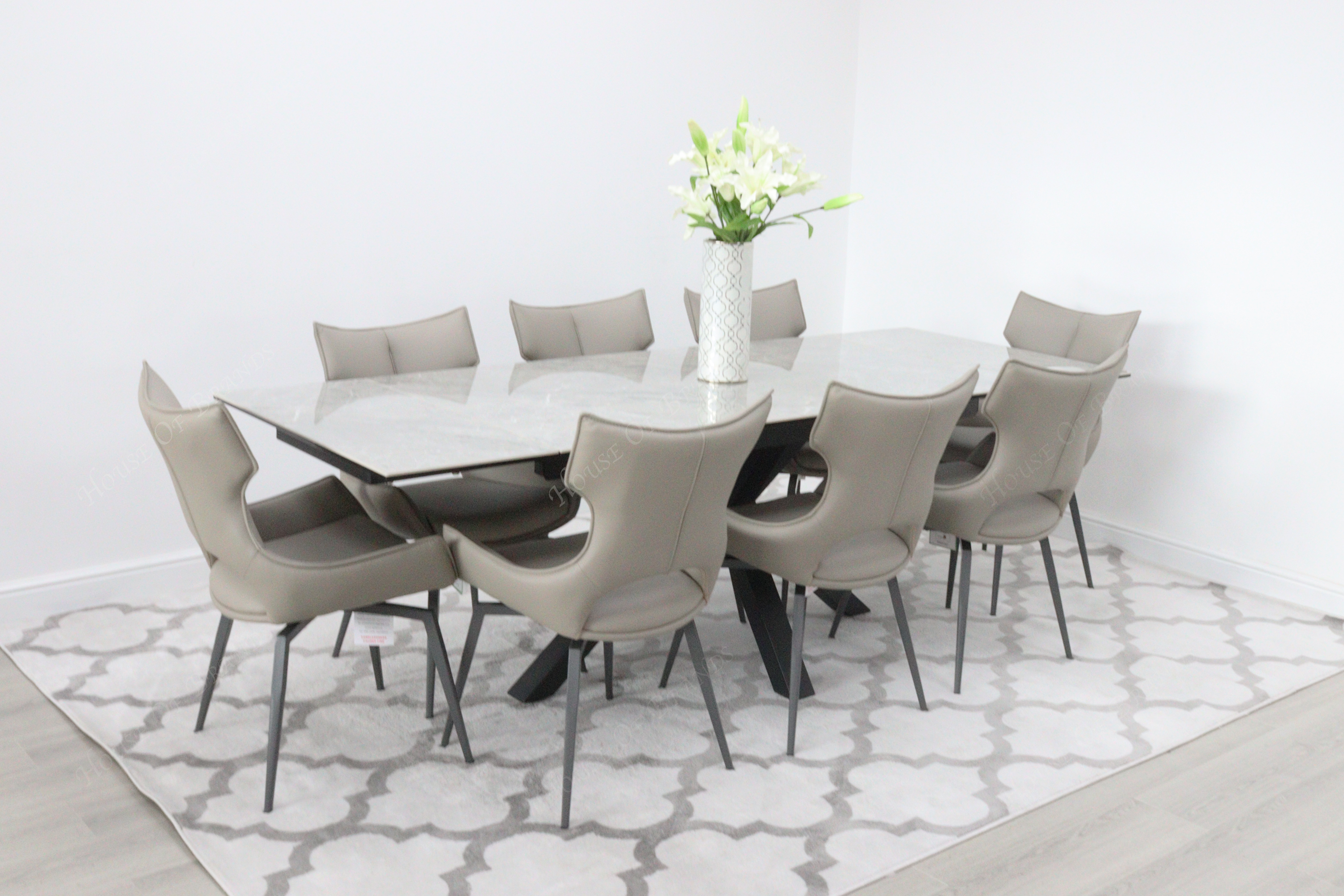 Phoenix Extendable Ceramic Dining Table and 8 Taupe Rafaello Swivel Dining Chairs