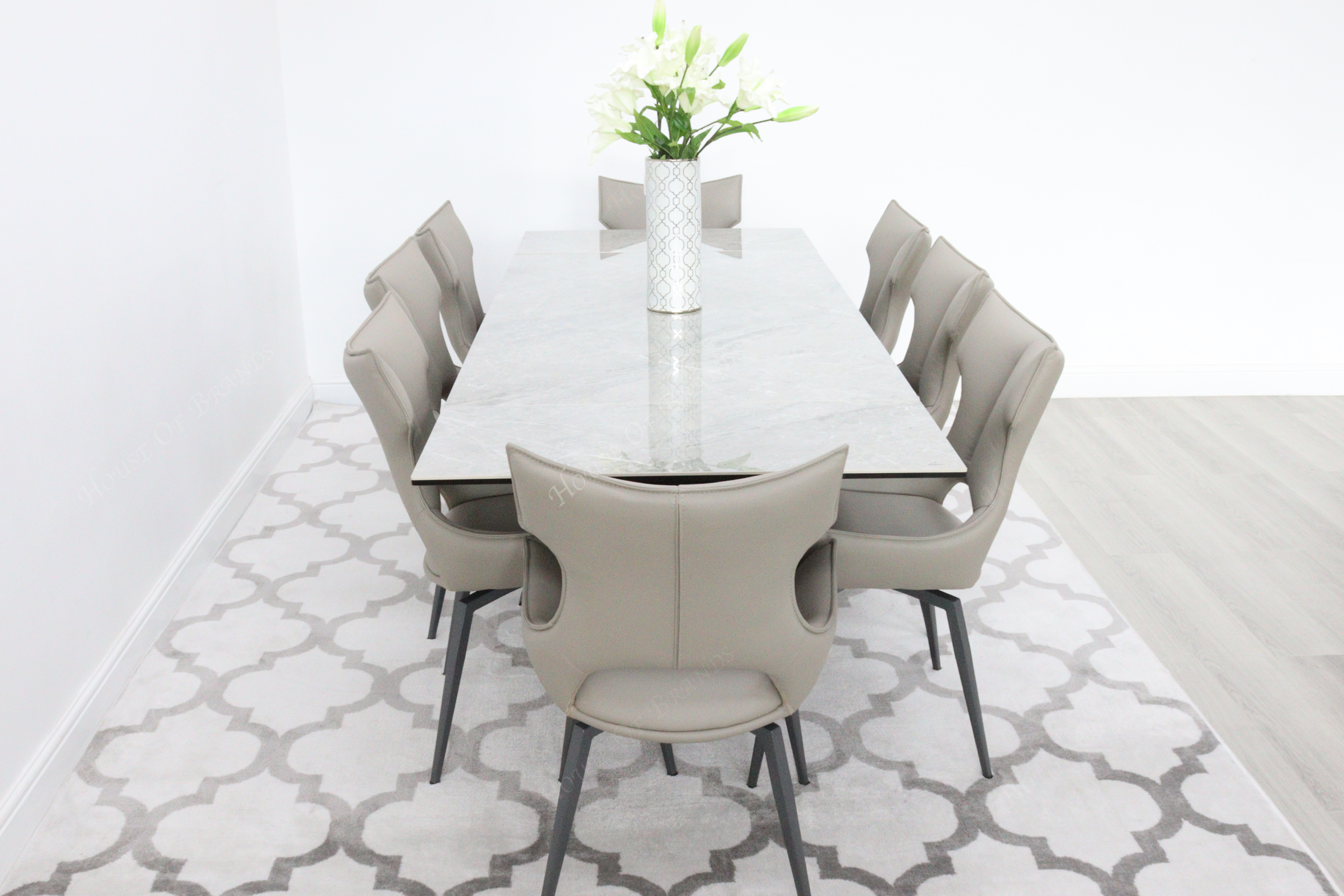 Phoenix Extendable Ceramic Dining Table and 8 Taupe Rafaello Swivel Dining Chairs