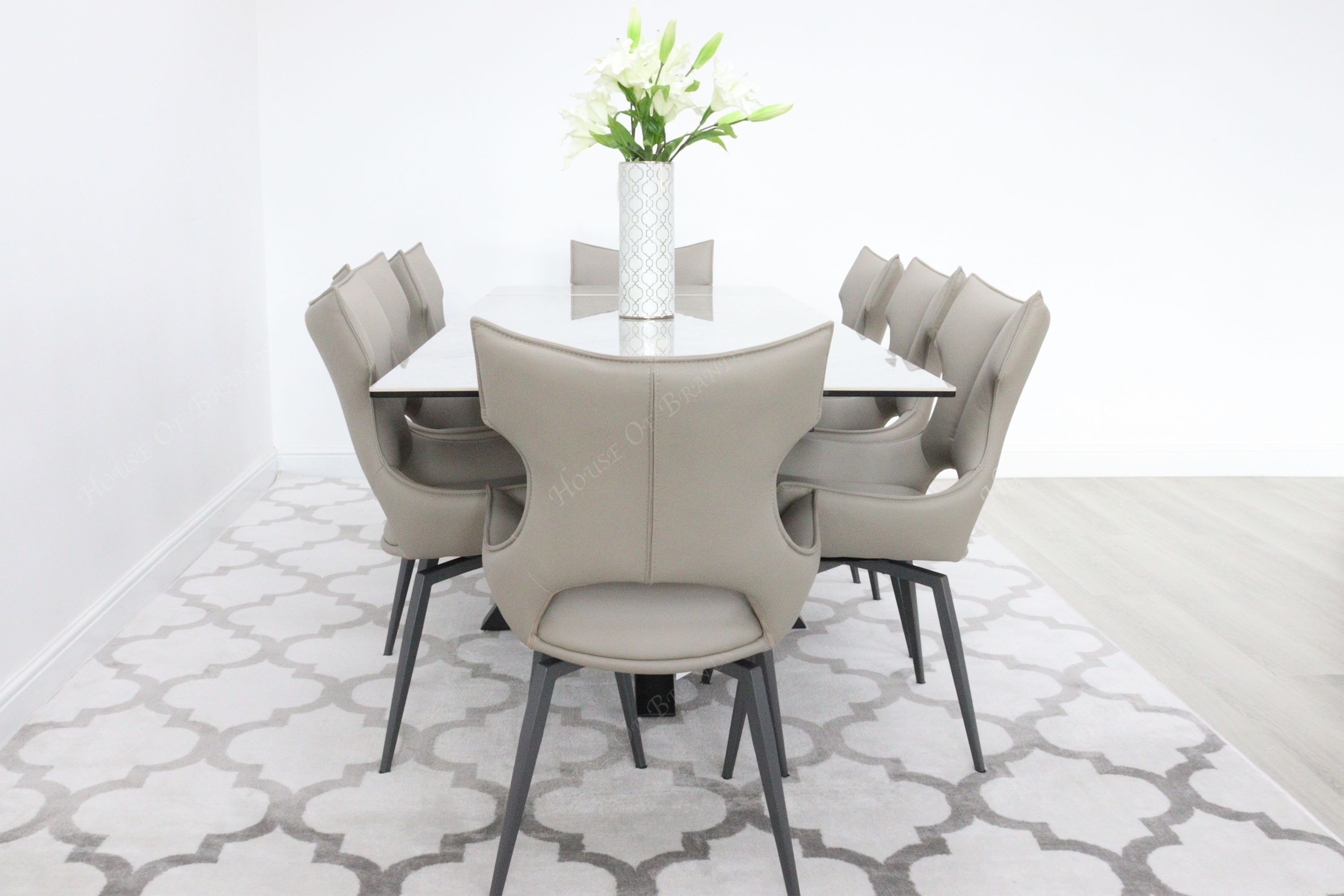 Phoenix Extendable Ceramic Dining Table and 8 Taupe Rafaello Swivel Dining Chairs