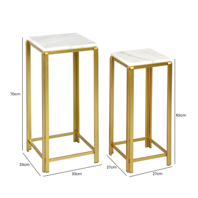 Lena Set of 2 White Marble with Gold Metal Legs End Table