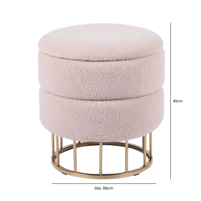 Beige Boucle Round Storage Stool with Gold Legs