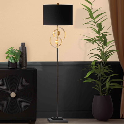 162cm Gold Leaf Metal Floor Lamp with Black Linen Shade
