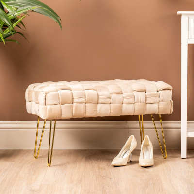 Dark Cream Velvet Woven Bench with Gold Legs