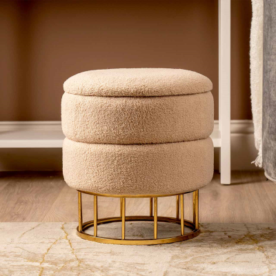 Beige Boucle Round Storage Stool with Gold Legs