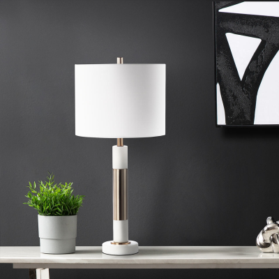 70cm White Marble and Metal Table Lamp with White Linen Shade