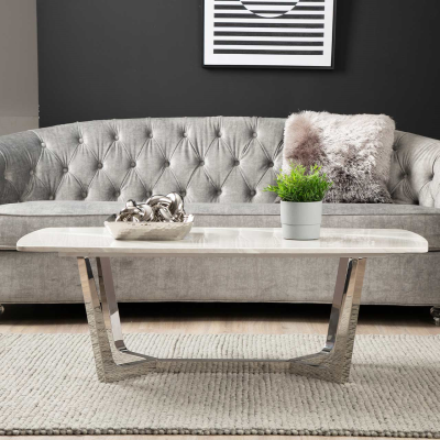 Meghan Chrome Metal with Grey Faux Top Marble Coffee Table