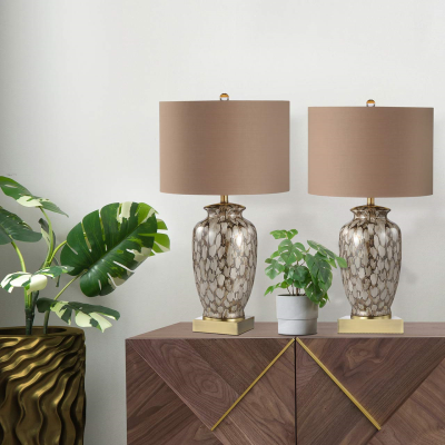 76.2cm Brown Patterned Ceramic Table Lamp with Gold Linen Shade