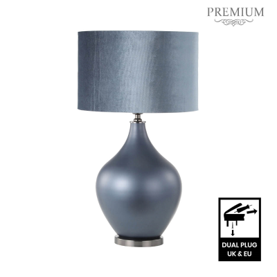 75.5cm Matte Blue Glass Table Lamp with Blue Velvet Shade