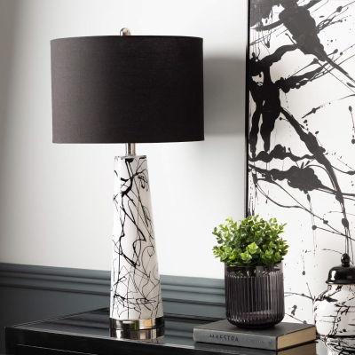 70cm White and Black Splash Table Lamp with Black Linen Shade