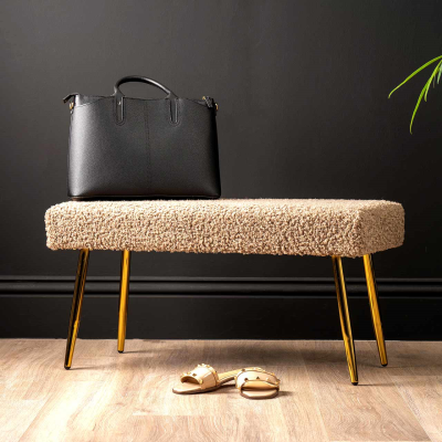 Beige Boucle Bench with Gold Legs