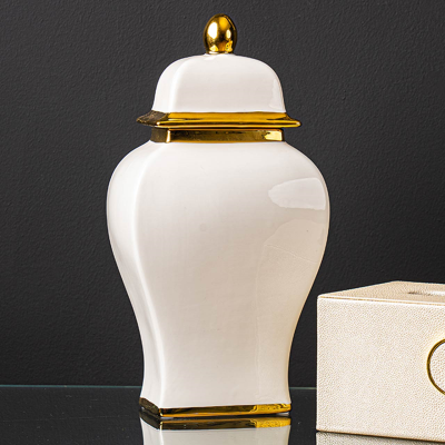 34.8cm White with Gold Lid Ginger Jar