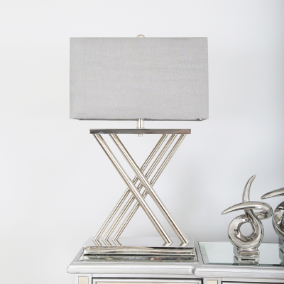 70cm Silver X-Design Table Lamp with Grey Silk Shade