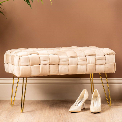 Dark Cream Velvet Woven Bench with Gold Legs
