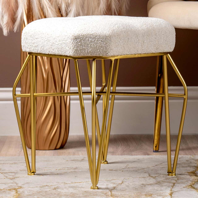 White Boucle Stool with Gold Legs