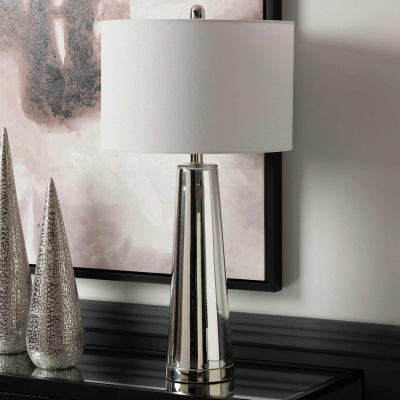 70cm Silver Glass Table Lamp with White Linen Shade