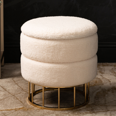 White Boucle Round Storage Stool with Gold Legs