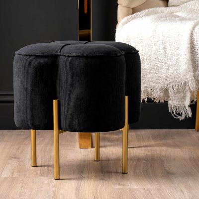 Black Velvet Clover Ottoman with Gold Legs