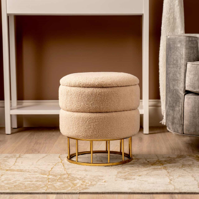 Beige Boucle Round Storage Stool with Gold Legs