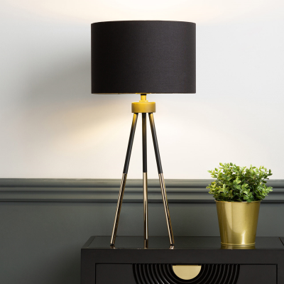 63cm Black and Gold Tripod Table Lamp with Black Linen Shade Gold Inside