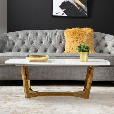 Meghan Gold Metal with White Faux Top Marble Coffee Table