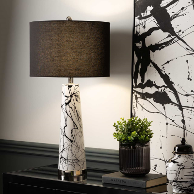 70cm White and Black Splash Table Lamp with Black Linen Shade