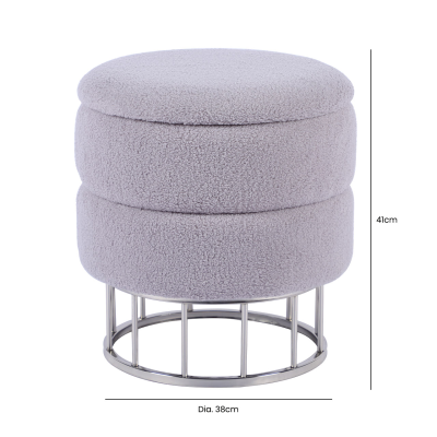 Grey Boucle Round Storage Stool with Chrome Legs